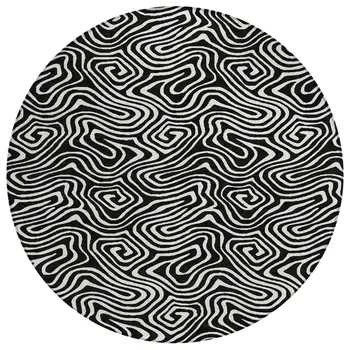 8' Black And Ivory Round Abstract Washable Indoor Outdoor Area Rug