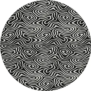 8' Black And Ivory Round Abstract Washable Indoor Outdoor Area Rug
