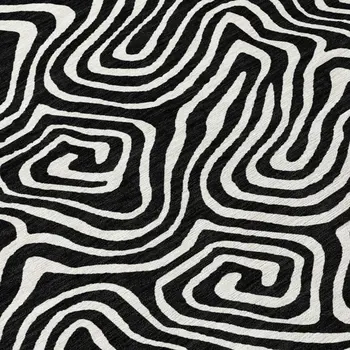 8' Black And Ivory Round Abstract Washable Indoor Outdoor Area Rug