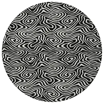 8' Black And Ivory Round Abstract Washable Indoor Outdoor Area Rug
