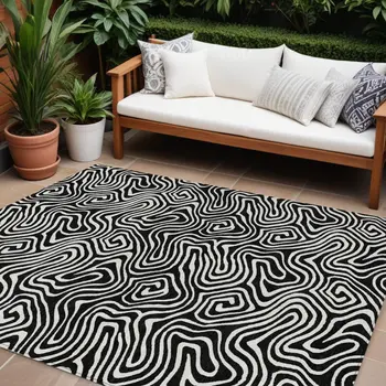 8' X 10' Black And Ivory Abstract Washable Indoor Outdoor Area Rug