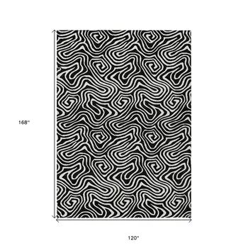 10' X 14' Black And Ivory Abstract Washable Indoor Outdoor Area Rug