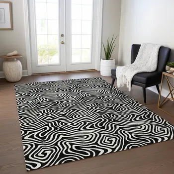 10' X 14' Black And Ivory Abstract Washable Indoor Outdoor Area Rug