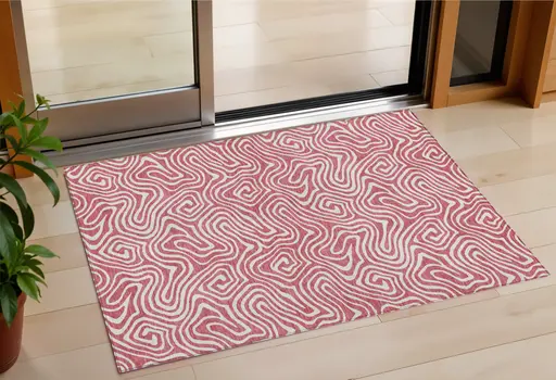3' X 5' Blush And Ivory Abstract Washable Indoor Outdoor Area Rug