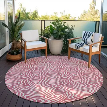 8' Blush And Ivory Round Abstract Washable Indoor Outdoor Area Rug