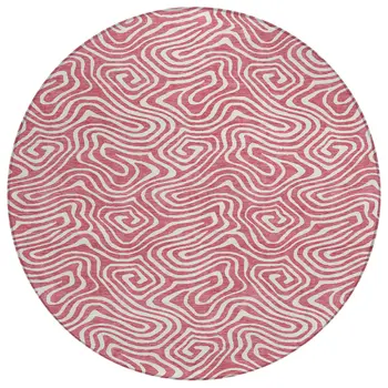8' Blush And Ivory Round Abstract Washable Indoor Outdoor Area Rug