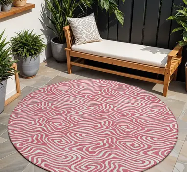 8' Blush And Ivory Round Abstract Washable Indoor Outdoor Area Rug