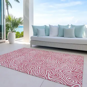 8' X 10' Blush And Ivory Abstract Washable Indoor Outdoor Area Rug
