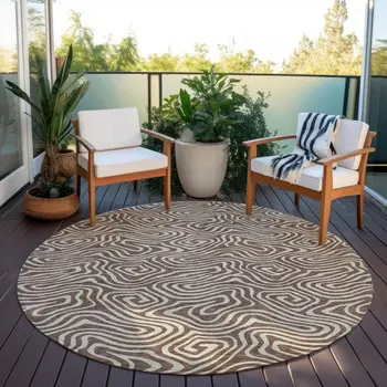 8' Brown And Beige Round Abstract Washable Indoor Outdoor Area Rug