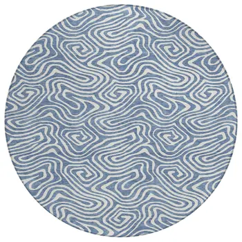 8' Denim Blue And Ivory Round Abstract Washable Indoor Outdoor Area Rug