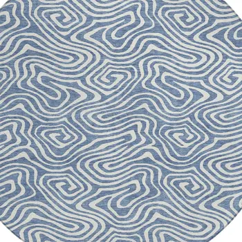 8' Denim Blue And Ivory Round Abstract Washable Indoor Outdoor Area Rug