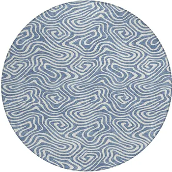 8' Denim Blue And Ivory Round Abstract Washable Indoor Outdoor Area Rug