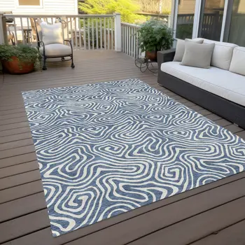 8' X 10' Denim Blue And Ivory Abstract Washable Indoor Outdoor Area Rug
