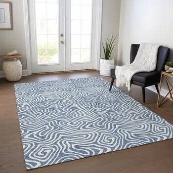 8' X 10' Denim Blue And Ivory Abstract Washable Indoor Outdoor Area Rug