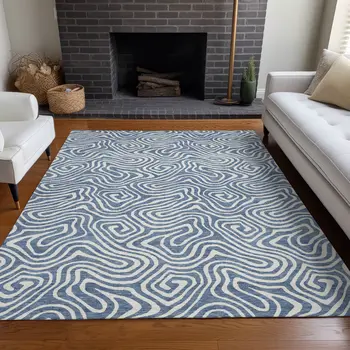 8' X 10' Denim Blue And Ivory Abstract Washable Indoor Outdoor Area Rug