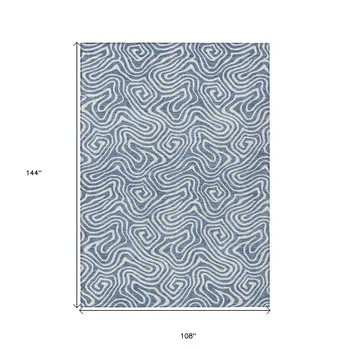 9' X 12' Denim Blue And Ivory Abstract Washable Indoor Outdoor Area Rug