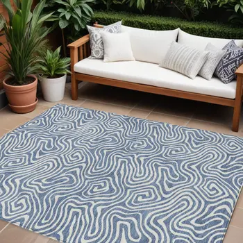 9' X 12' Denim Blue And Ivory Abstract Washable Indoor Outdoor Area Rug