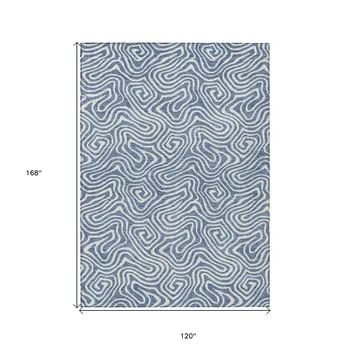 10' X 14' Denim Blue And Ivory Abstract Washable Indoor Outdoor Area Rug