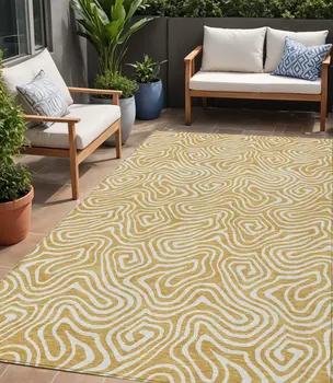 5' X 8' Gold And Ivory Abstract Washable Indoor Outdoor Area Rug