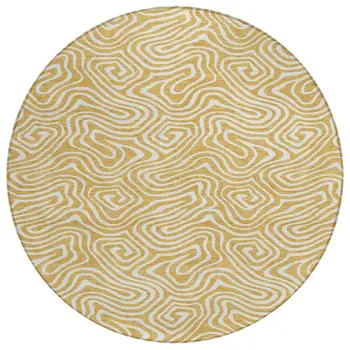 8' Gold And Ivory Round Abstract Washable Indoor Outdoor Area Rug