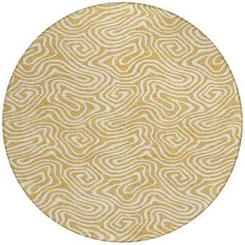 8' Gold And Ivory Round Abstract Washable Indoor Outdoor Area Rug