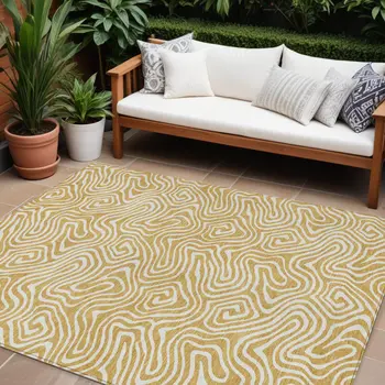 9' X 12' Gold And Ivory Abstract Washable Indoor Outdoor Area Rug