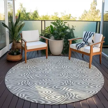 8' Gray And Ivory Round Abstract Washable Indoor Outdoor Area Rug