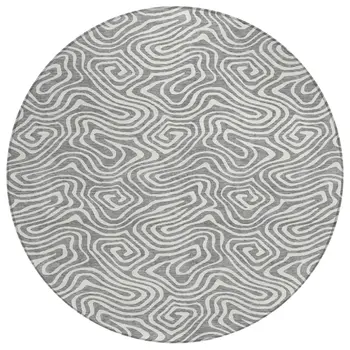 8' Gray And Ivory Round Abstract Washable Indoor Outdoor Area Rug