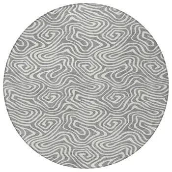 8' Gray And Ivory Round Abstract Washable Indoor Outdoor Area Rug