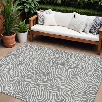 8' X 10' Gray And Ivory Abstract Washable Indoor Outdoor Area Rug