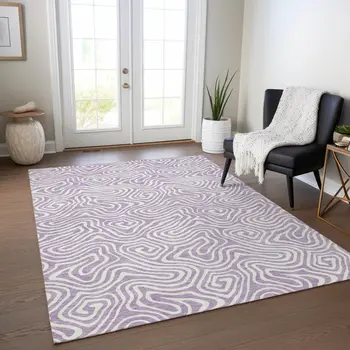 10' X 14' Lavender And Ivory Abstract Washable Indoor Outdoor Area Rug
