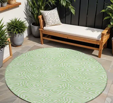 8' Mint Green And Ivory Round Abstract Washable Indoor Outdoor Area Rug