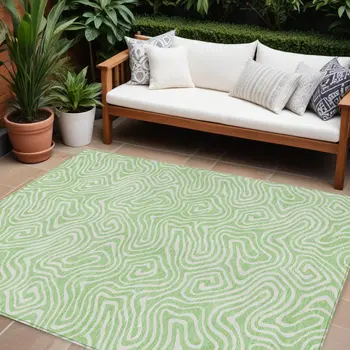 9' X 12' Mint Green And Ivory Abstract Washable Indoor Outdoor Area Rug
