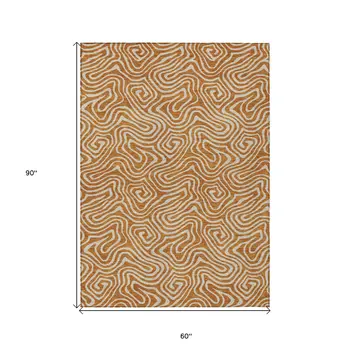 5' X 8' Copper And Beige Abstract Washable Indoor Outdoor Area Rug