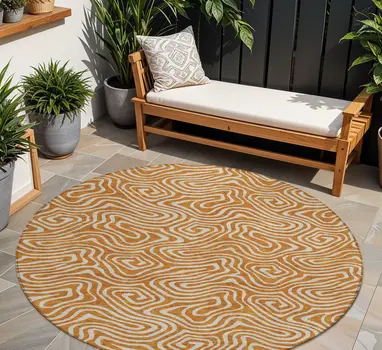 8' Copper And Beige Round Abstract Washable Indoor Outdoor Area Rug