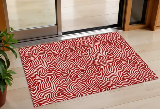 3' X 5' Red And Ivory Abstract Washable Indoor Outdoor Area Rug
