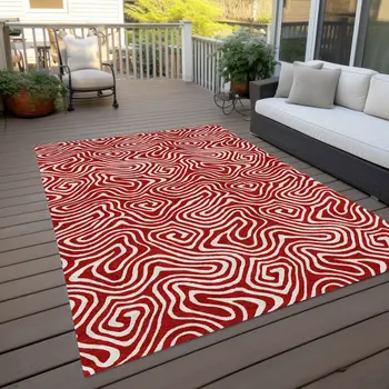 3' X 5' Red And Ivory Abstract Washable Indoor Outdoor Area Rug