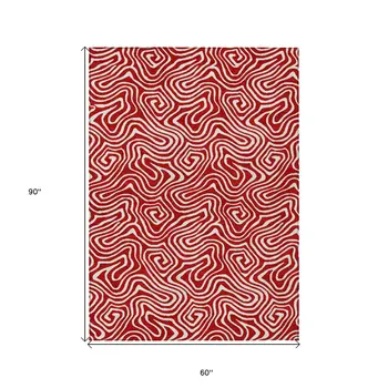 5' X 8' Red And Ivory Abstract Washable Indoor Outdoor Area Rug