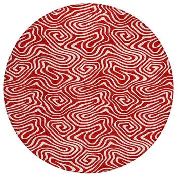 8' Red And Ivory Round Abstract Washable Indoor Outdoor Area Rug