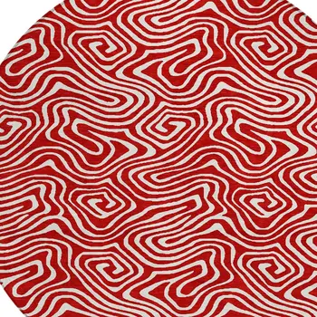 8' Red And Ivory Round Abstract Washable Indoor Outdoor Area Rug