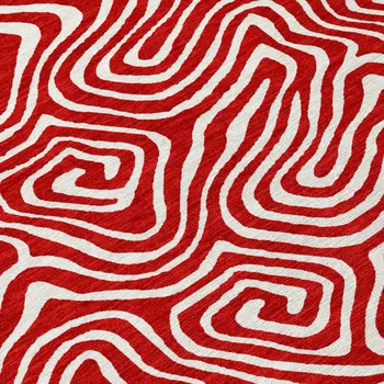 8' Red And Ivory Round Abstract Washable Indoor Outdoor Area Rug