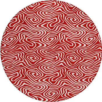 8' Red And Ivory Round Abstract Washable Indoor Outdoor Area Rug