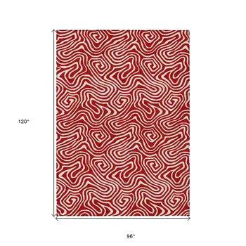 8' X 10' Red And Ivory Abstract Washable Indoor Outdoor Area Rug