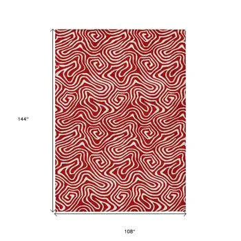 9' X 12' Red And Ivory Abstract Washable Indoor Outdoor Area Rug