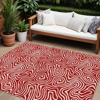 9' X 12' Red And Ivory Abstract Washable Indoor Outdoor Area Rug