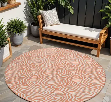 8' Salmon And Ivory Round Abstract Washable Indoor Outdoor Area Rug