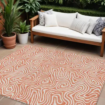 9' X 12' Salmon And Ivory Abstract Washable Indoor Outdoor Area Rug