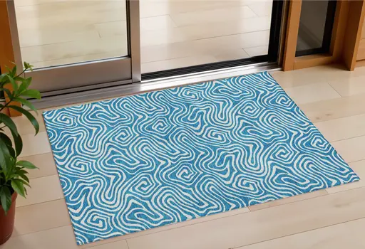 3' X 5' Teal Blue And Ivory Abstract Washable Indoor Outdoor Area Rug