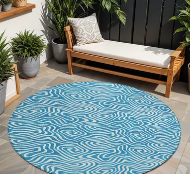 8' Teal Blue And Ivory Round Abstract Washable Indoor Outdoor Area Rug