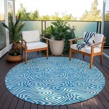 8' Teal Blue And Ivory Round Abstract Washable Indoor Outdoor Area Rug
